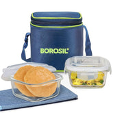 Borosil Klip N Store Lunchbox Set with Bag, 2 Square Borosilicate Glass Containers (320ml Each), Leak-Proof, Microwave & Dishwasher Safe
