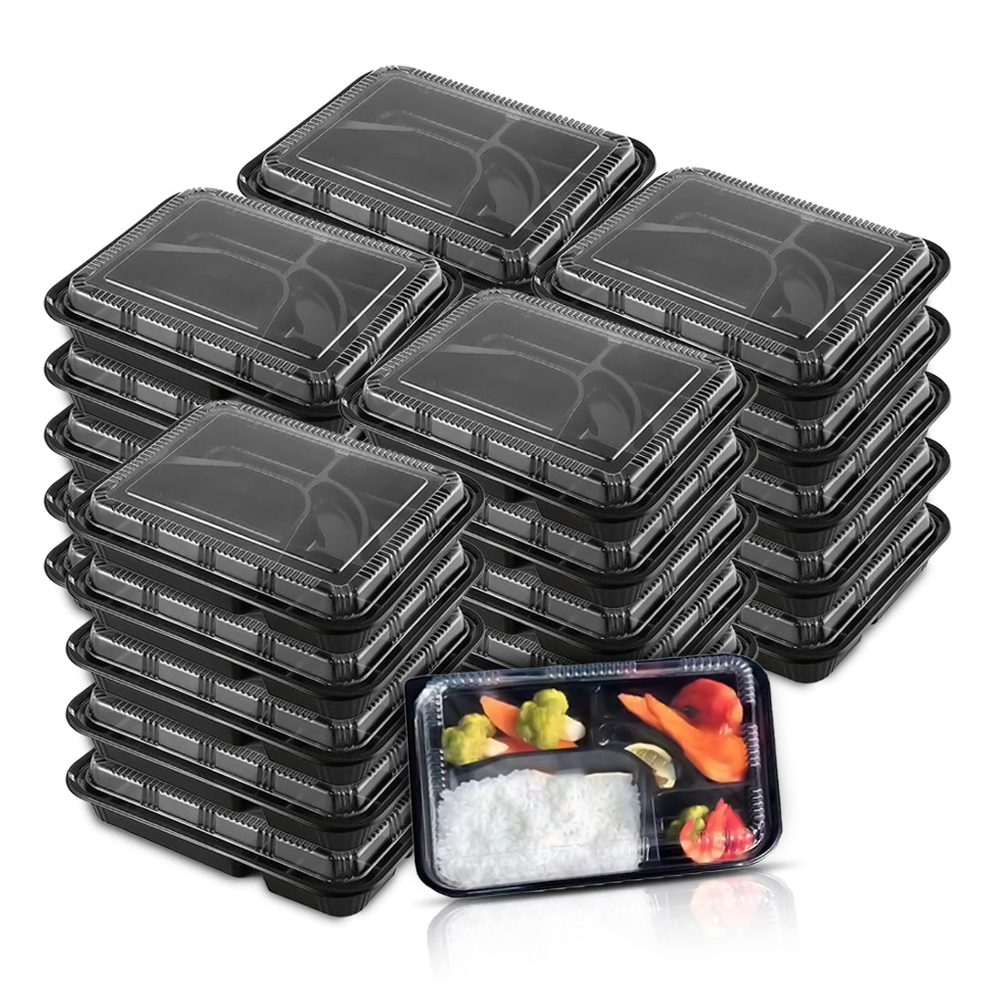 5-Compartment Disposable Plastic Food Container with Lid - 26.5 x 20.5 x 5 cm