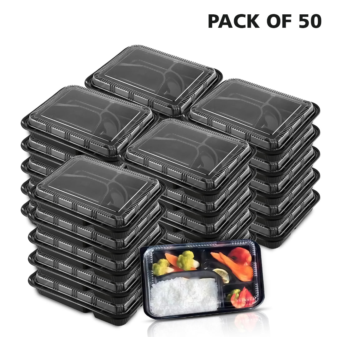 5-Compartment Disposable Plastic Food Container with Lid - 26.5 x 20.5 x 5 cm