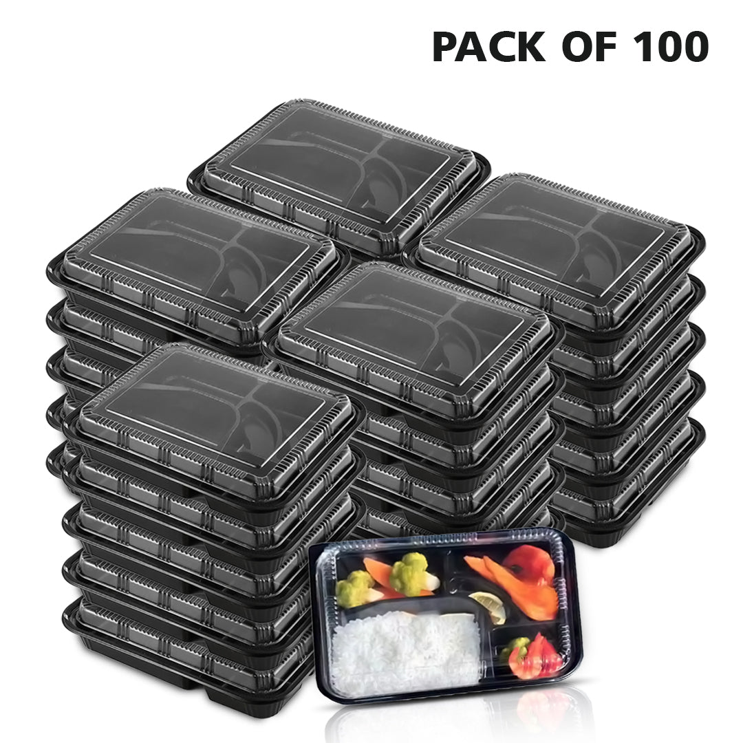 5-Compartment Disposable Plastic Food Container with Lid - 26.5 x 20.5 x 5 cm