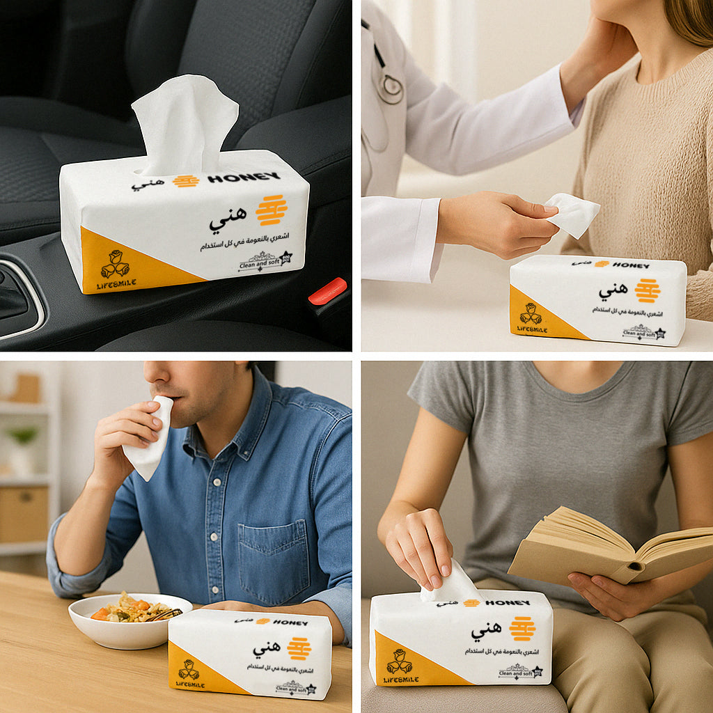 Honey Premium 4-Ply Ultra Soft Facial Tissue Set – 10 Packs with 150 Sheets Each (600 Plies) – High Quality Tissues for Home, Office, Car & Travel