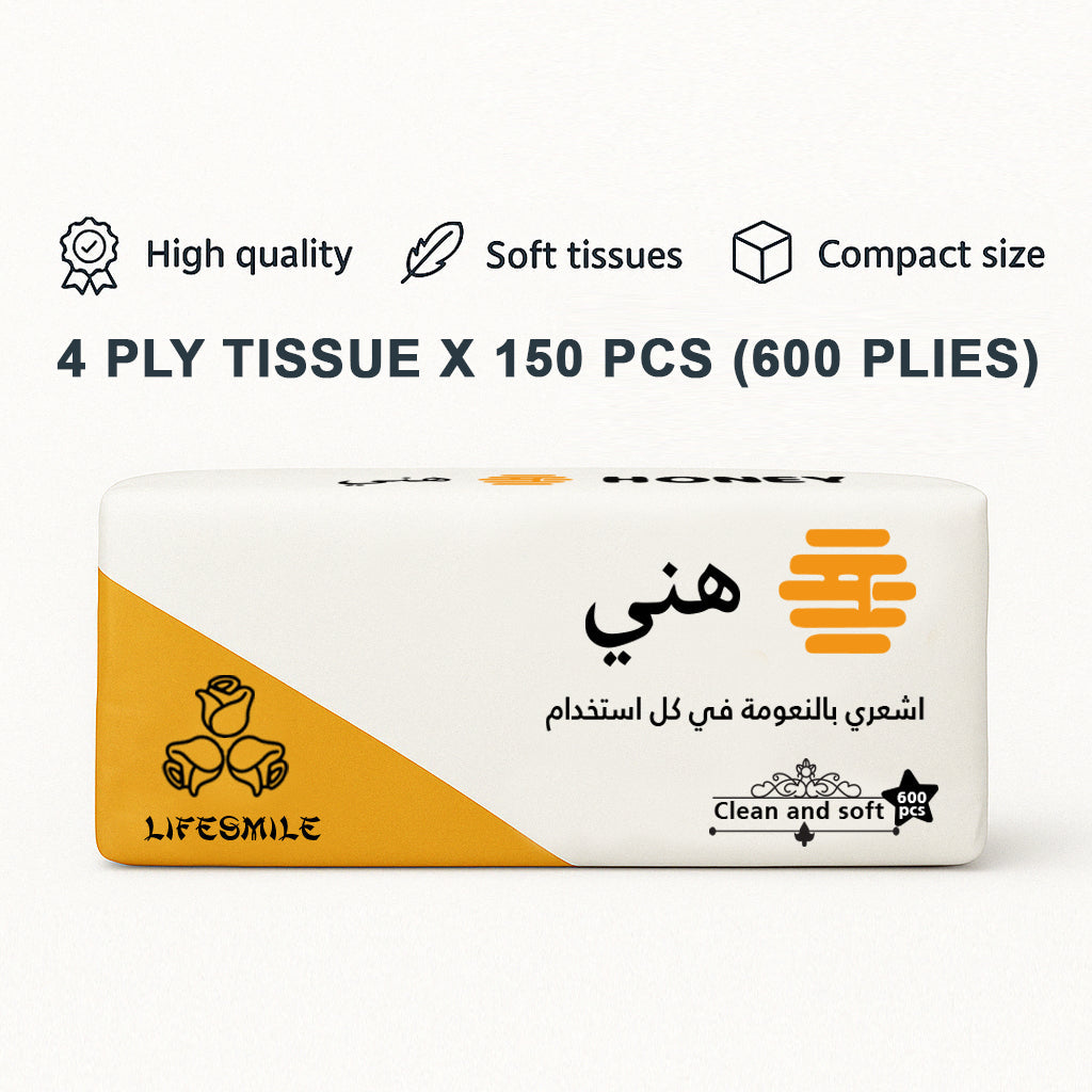 Honey Premium 4-Ply Ultra Soft Facial Tissue Set – 10 Packs with 150 Sheets Each (600 Plies) – High Quality Tissues for Home, Office, Car & Travel