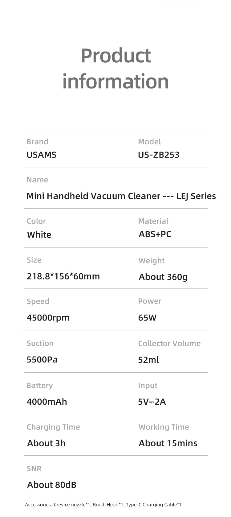 USAMS Portable Mini Cordless Handheld Vacuum Cleaner for Car and Home - 65W