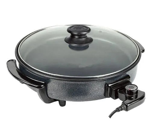 Large 42cm Electric Pizza Pan with 9cm Depth, Non-Stick Coating, Adjustable Thermostat & Glass Lid