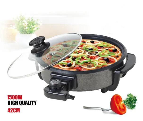 Large 42cm Electric Pizza Pan with 9cm Depth, Non-Stick Coating, Adjustable Thermostat & Glass Lid