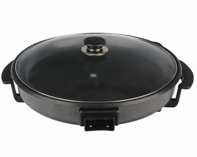 Large 42cm Electric Pizza Pan with 9cm Depth, Non-Stick Coating, Adjustable Thermostat & Glass Lid