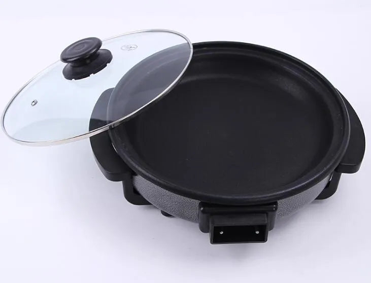 Large 42cm Electric Pizza Pan with 9cm Depth, Non-Stick Coating, Adjustable Thermostat & Glass Lid