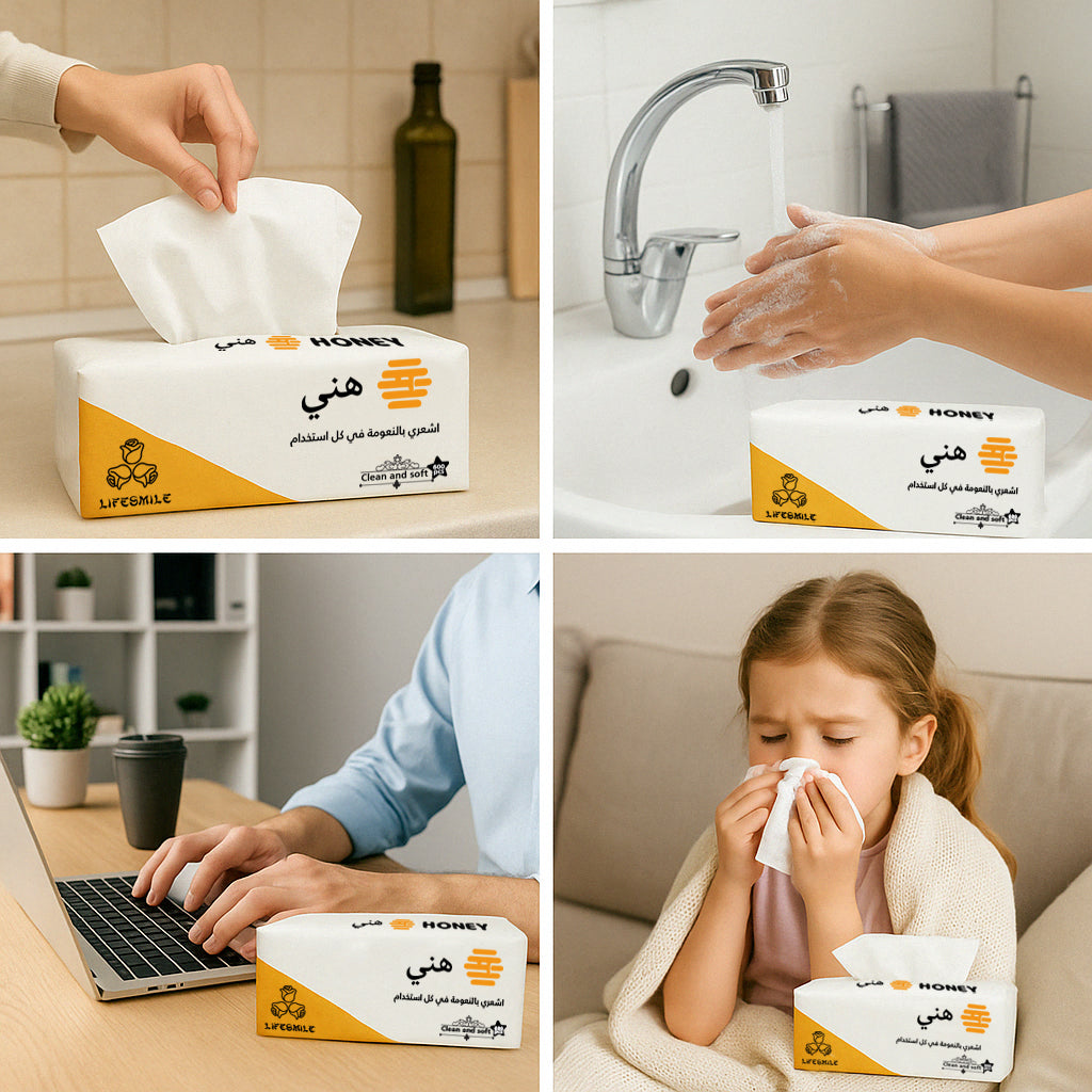 Honey Premium 4-Ply Ultra Soft Facial Tissue Set – 10 Packs with 150 Sheets Each (600 Plies) – High Quality Tissues for Home, Office, Car & Travel
