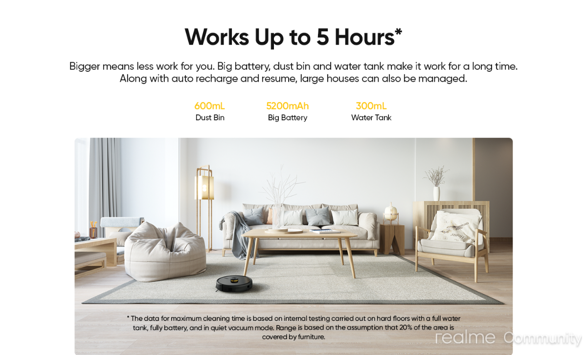 Realme Techlife 2-in-1 Rechargeable Robot Vacuum Cleaner with 5200mAh Battery, Vacuum & Mop with Lidar Smart Mapping & 38 Sensors