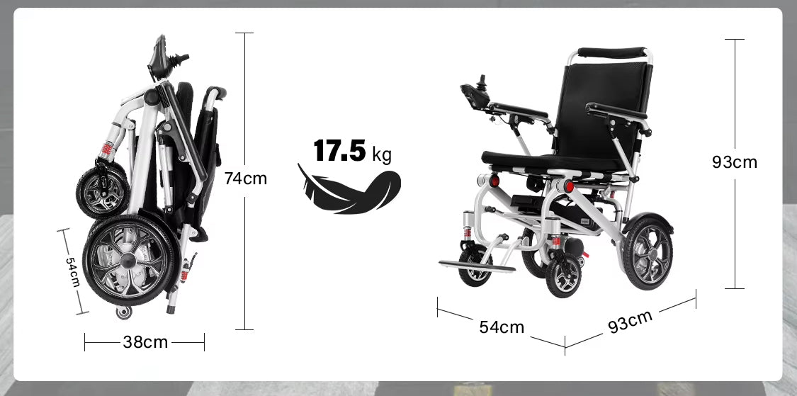 17.5kg Lightweight Folding Electric Wheelchair with Dual Motor, Compact - 130kg Load Capacity