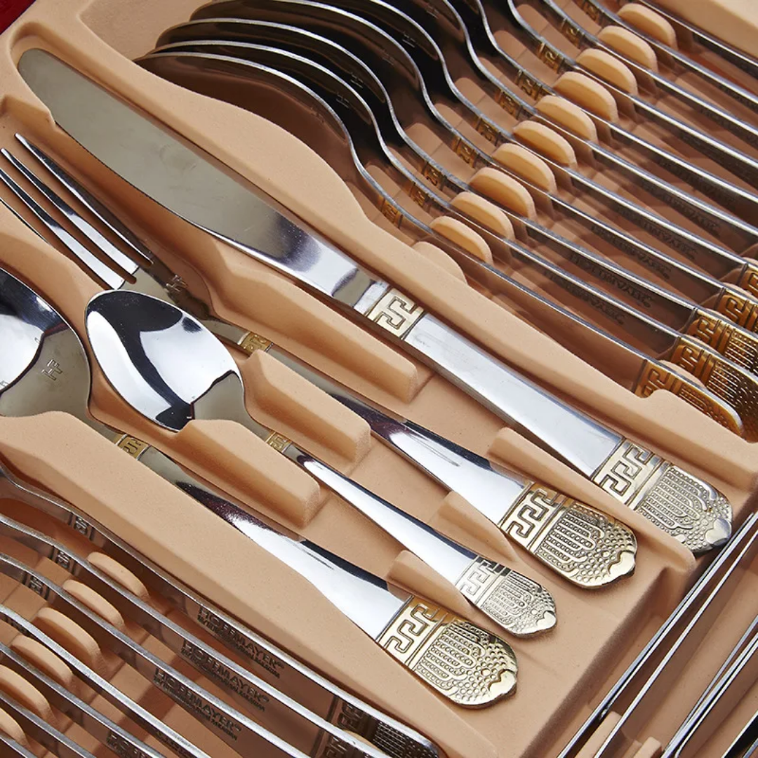 Hoff Mayer Elegant 84-Piece Stainless Steel Silver Flatware Set with Wooden Storage Box