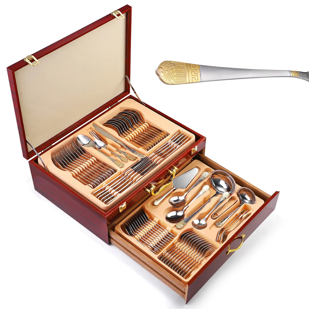 Hoff Mayer Elegant 84-Piece Stainless Steel Silver Flatware Set with Wooden Storage Box