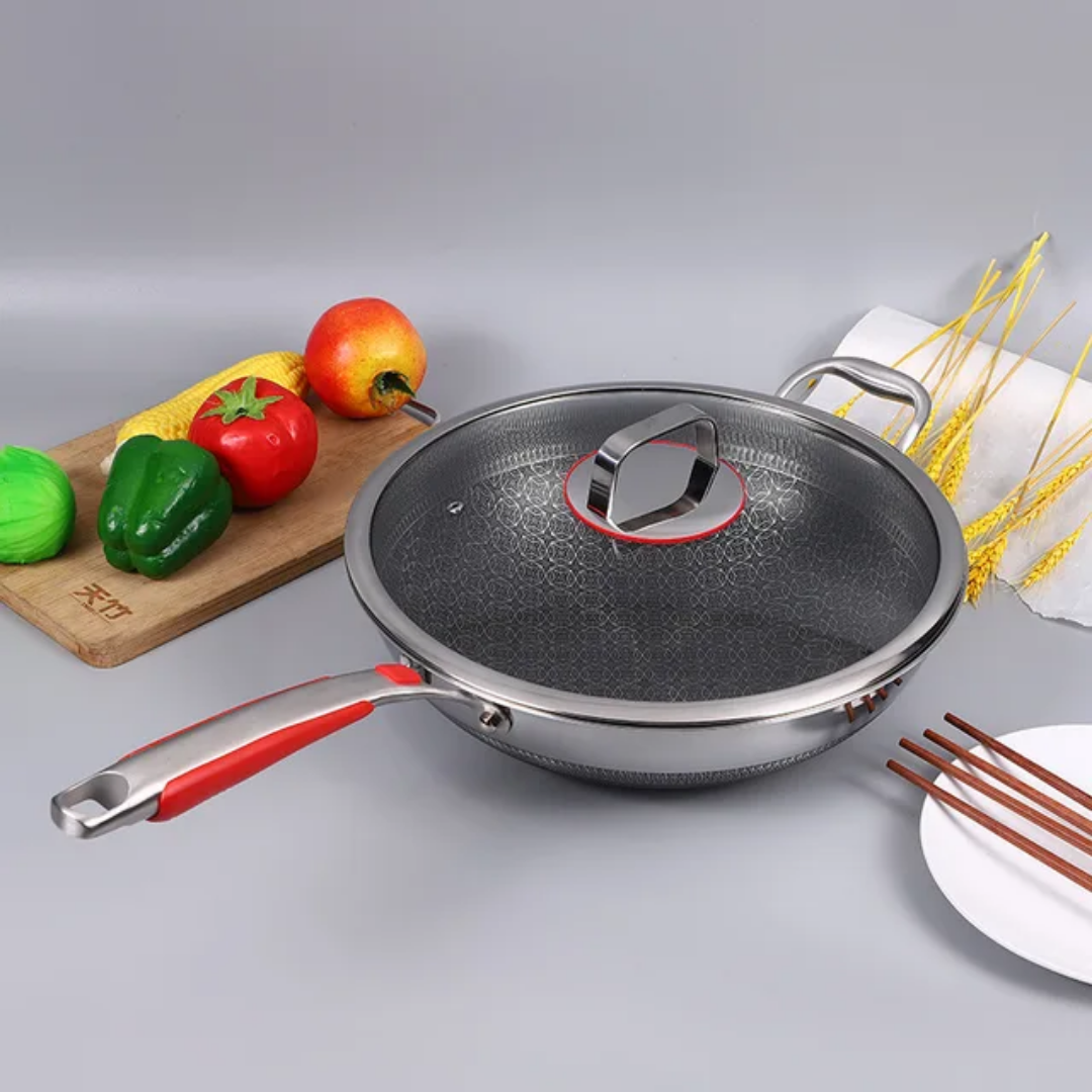 7-Layer Non-Stick Stainless Steel Cooking Pot with Induction Base, Honeycomb Texture & Anti-Oil Smoke Technology – 34CM Deep Stir Fry Cookware