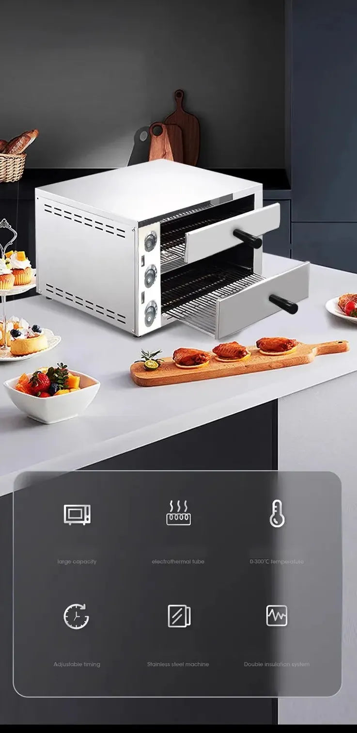 Double Tray Stainless Steel Electric Pizza Oven - 3.2KW - 50 x 48.5 x 35 cm
