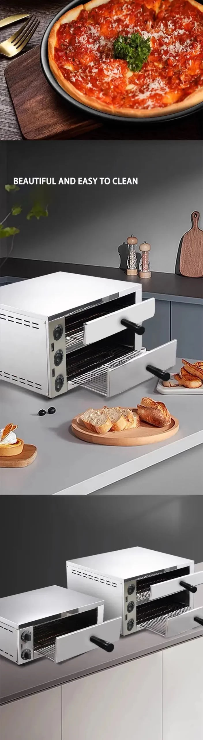 Double Tray Stainless Steel Electric Pizza Oven - 3.2KW - 50 x 48.5 x 35 cm