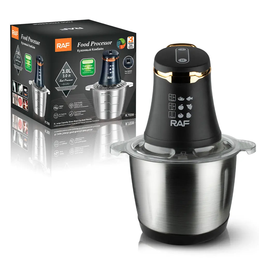 RAF 3L Electric Dual Speed Food Processor with Stainless Steel Bowl, 4 Sharp Spiral Blades - 1000W