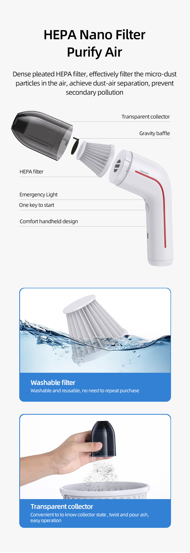 USAMS Portable Mini Cordless Handheld Vacuum Cleaner for Car and Home - 65W