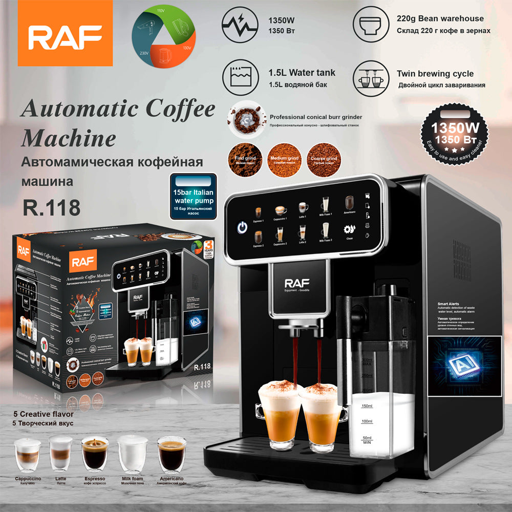 RAF 1.5L Fully Automatic Coffee Machine with Steam Milk Frother and Latte Art DIY - 1350W