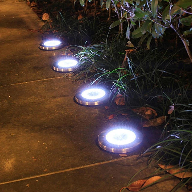 Set of 4 Round Solar Powered Garden LED Lights for Ground Pathway with UV and Water Resistance