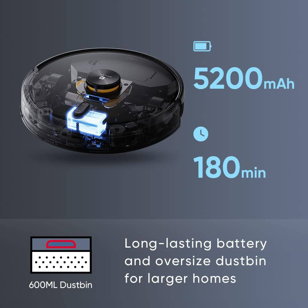 Realme Techlife 2-in-1 Rechargeable Robot Vacuum Cleaner with 5200mAh Battery, Vacuum & Mop with Lidar Smart Mapping & 38 Sensors