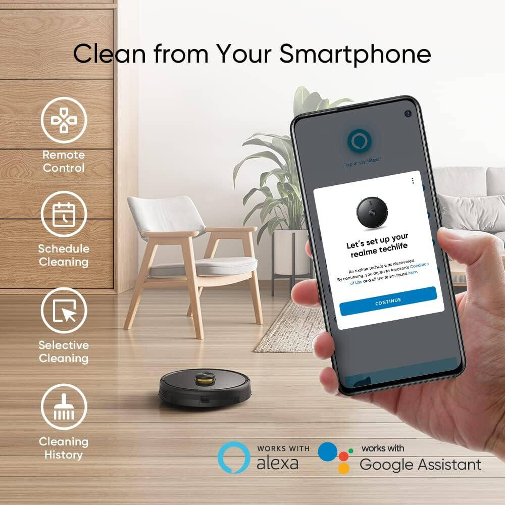 Realme Techlife 2-in-1 Rechargeable Robot Vacuum Cleaner with 5200mAh Battery, Vacuum & Mop with Lidar Smart Mapping & 38 Sensors
