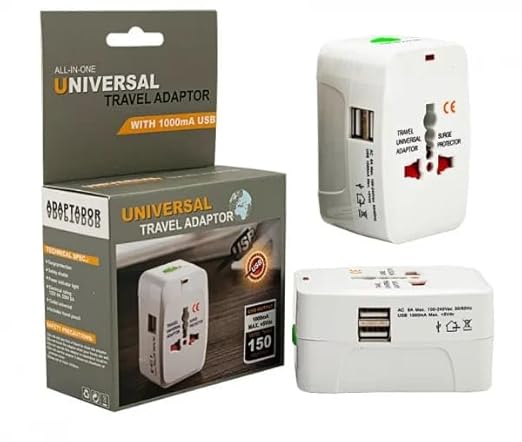 Universal All-in-One Travel Adapter with Dual USB Ports with Built-in Surge Protection, Compatible with Smartphones, Tablets, Laptops & Cameras