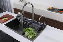 Premium Smart Stainless Steel Kitchen Sink with Waterfall & Pull-Down Faucet, RO Tap, Glass Washer, Draining Baskets, Temperature Display & Controller - 30 x 20 x 10 inch