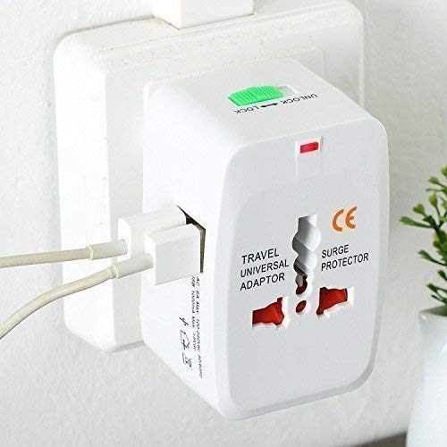 Universal All-in-One Travel Adapter with Dual USB Ports with Built-in Surge Protection, Compatible with Smartphones, Tablets, Laptops & Cameras