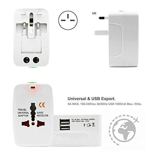 Universal All-in-One Travel Adapter with Dual USB Ports with Built-in Surge Protection, Compatible with Smartphones, Tablets, Laptops & Cameras