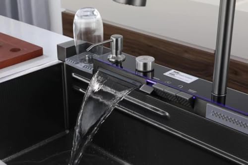 Premium Smart Stainless Steel Kitchen Sink with Waterfall & Pull-Down Faucet, RO Tap, Glass Washer, Draining Baskets, Temperature Display & Controller - 30 x 20 x 10 inch