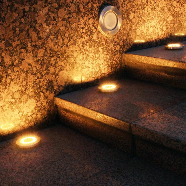 Set of 4 Round Solar Powered Garden LED Lights for Ground Pathway with UV and Water Resistance