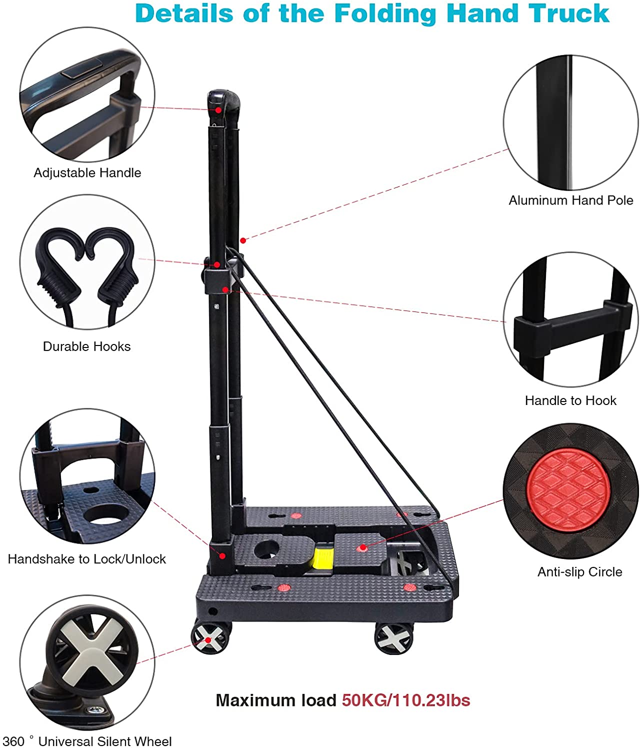 Heavy Duty Foldable Luggage Cart Trolley with 4 Wheels - 50 Kg Capacity - 40 x 31.5 x 11 cm