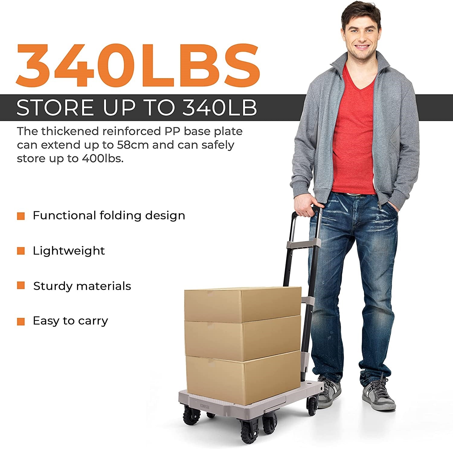 Portable Folding Hand Truck Trolley Cart with 7 Wheels - 160 Kg Load Capacity - 100 x 33 x 57 cm