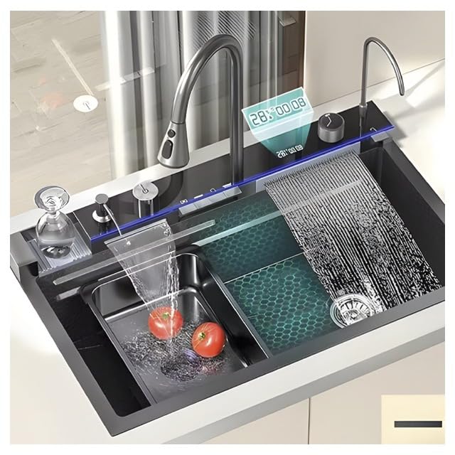 Premium Smart Stainless Steel Kitchen Sink with Waterfall & Pull-Down Faucet, RO Tap, Glass Washer, Draining Baskets, Temperature Display & Controller - 30 x 20 x 10 inch