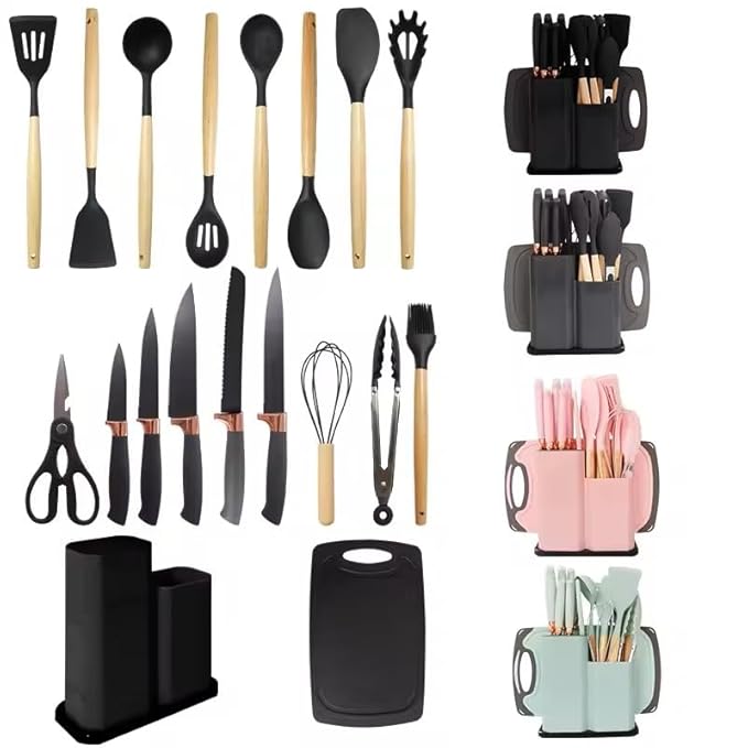 Premium 19-Piece Silicone Kitchenware & Knife Set with Cutting Board & Holding Stand