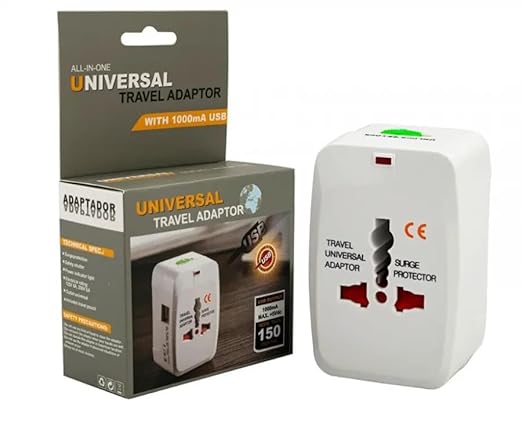 Universal All-in-One Travel Adapter with Dual USB Ports with Built-in Surge Protection, Compatible with Smartphones, Tablets, Laptops & Cameras