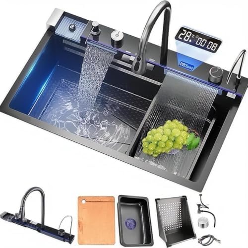 Premium Smart Stainless Steel Kitchen Sink with Waterfall & Pull-Down Faucet, RO Tap, Glass Washer, Draining Baskets, Temperature Display & Controller - 30 x 20 x 10 inch