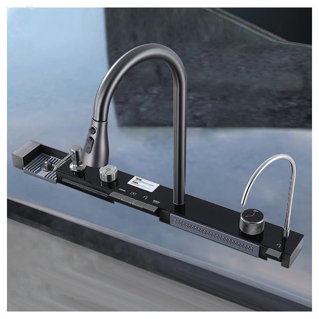 Premium Smart Stainless Steel Kitchen Sink with Waterfall & Pull-Down Faucet, RO Tap, Glass Washer, Draining Baskets, Temperature Display & Controller - 30 x 20 x 10 inch