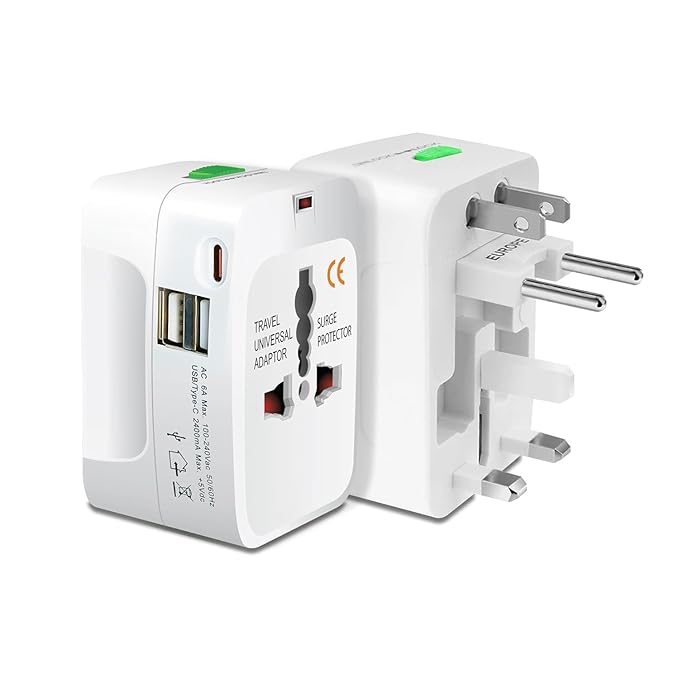 Universal All-in-One Travel Adapter with Dual USB Ports with Built-in Surge Protection, Compatible with Smartphones, Tablets, Laptops & Cameras