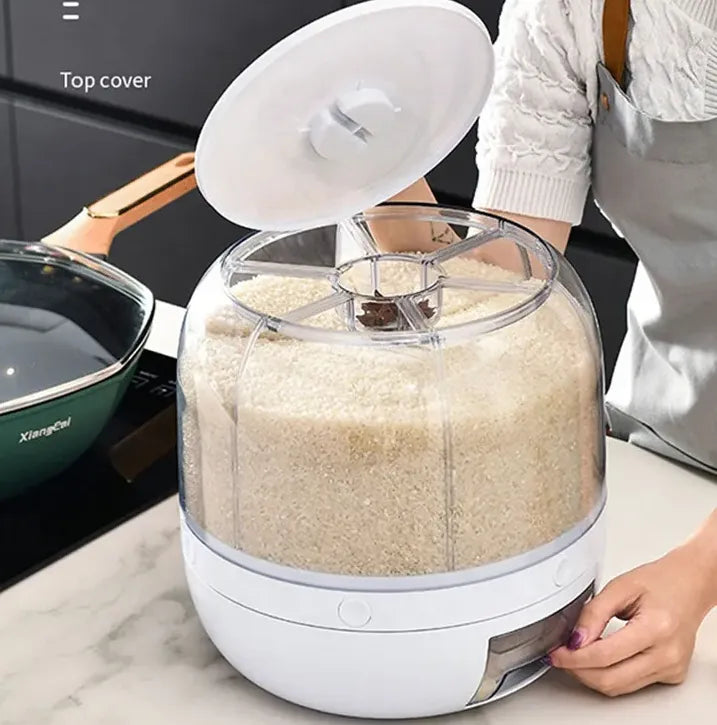 6 Grid Rotating Kitchen Storage Dispenser Container for Rice, Cereals & Grains