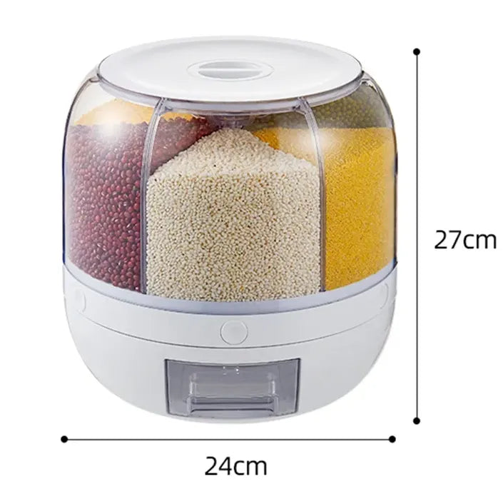 6 Grid Rotating Kitchen Storage Dispenser Container for Rice, Cereals & Grains