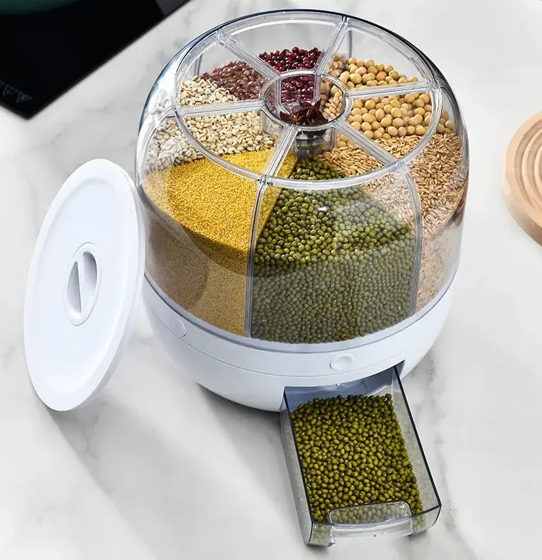 6 Grid Rotating Kitchen Storage Dispenser Container for Rice, Cereals & Grains
