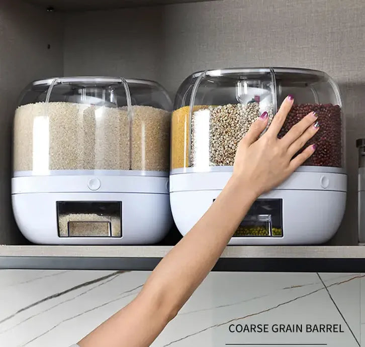 6 Grid Rotating Kitchen Storage Dispenser Container for Rice, Cereals & Grains