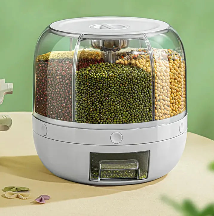 6 Grid Rotating Kitchen Storage Dispenser Container for Rice, Cereals & Grains