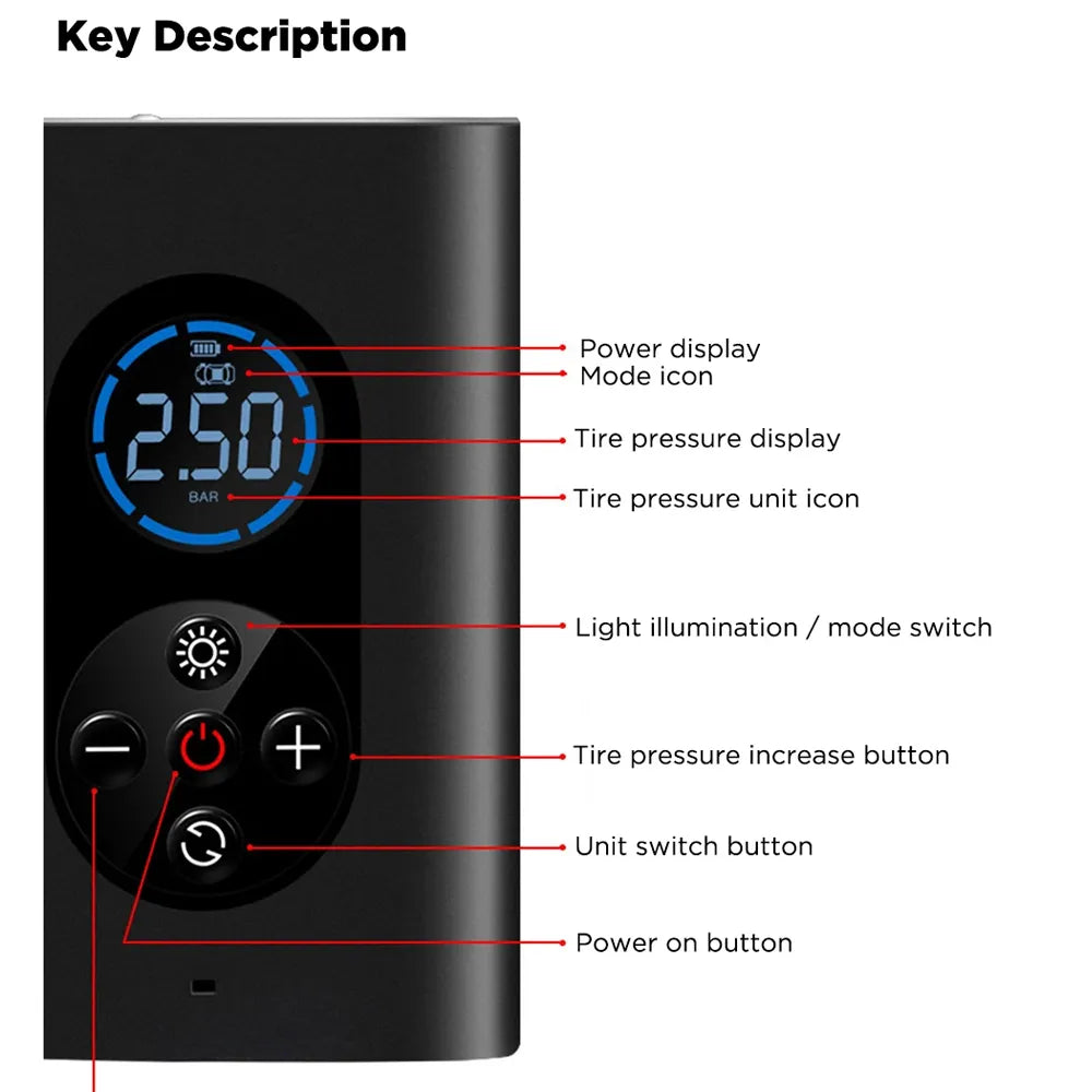 4 in 1 Wireless Air Pump with LED Flashlight Light and USB Rechargeable Battery