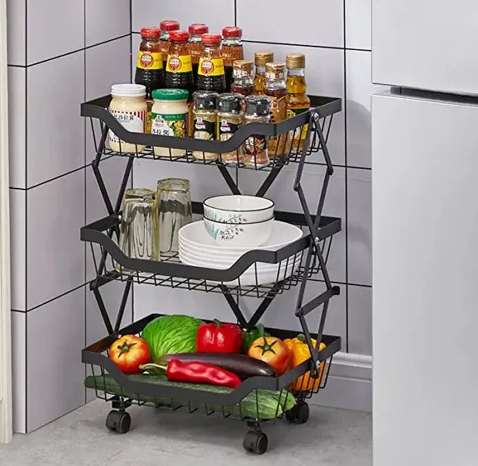 3 Layer Adjustable Foldable Movable Storage Rack for Kitchen Use