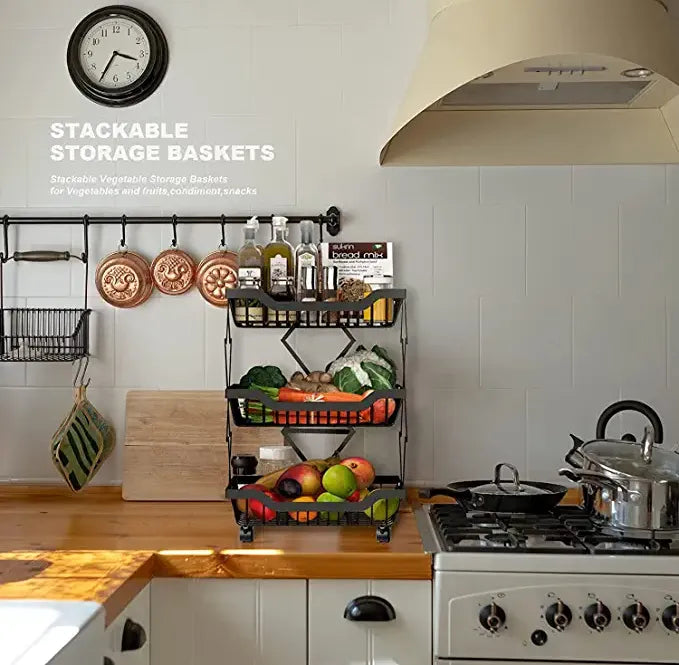 3 Layer Adjustable Foldable Movable Storage Rack for Kitchen Use