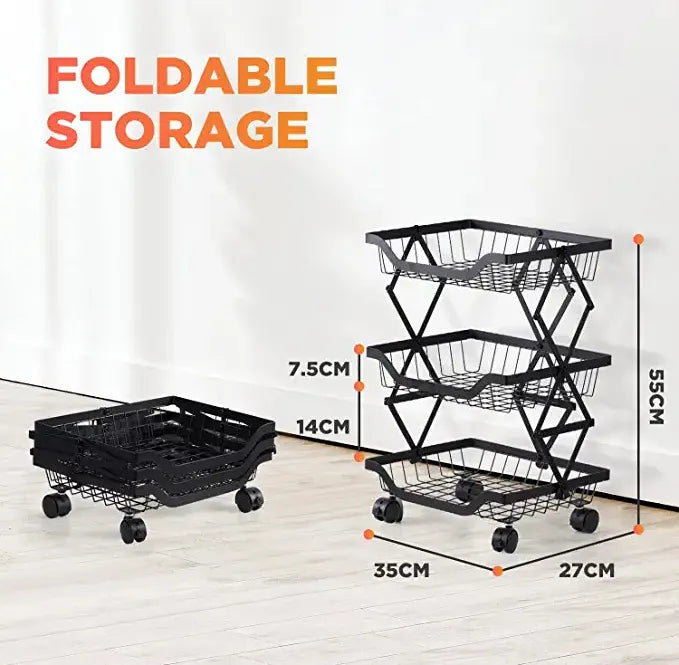 3 Layer Adjustable Foldable Movable Storage Rack for Kitchen Use