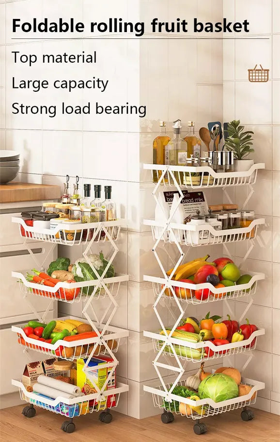 4 Layer Adjustable Foldable Movable Storage Rack for Kitchen Use