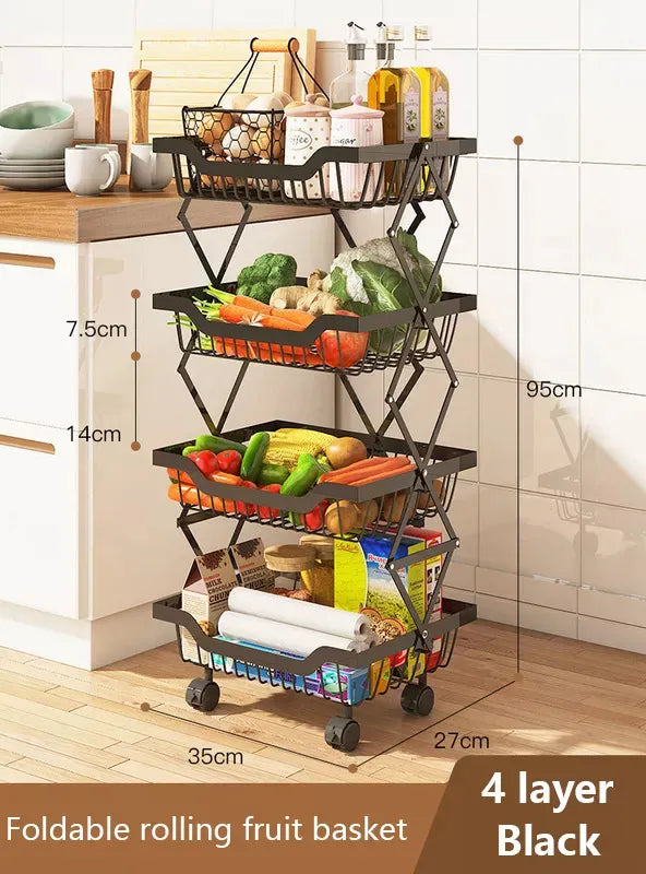 4 Layer Adjustable Foldable Movable Storage Rack for Kitchen Use